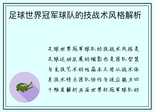 足球世界冠军球队的技战术风格解析