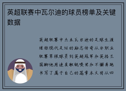 英超联赛中瓦尔迪的球员榜单及关键数据